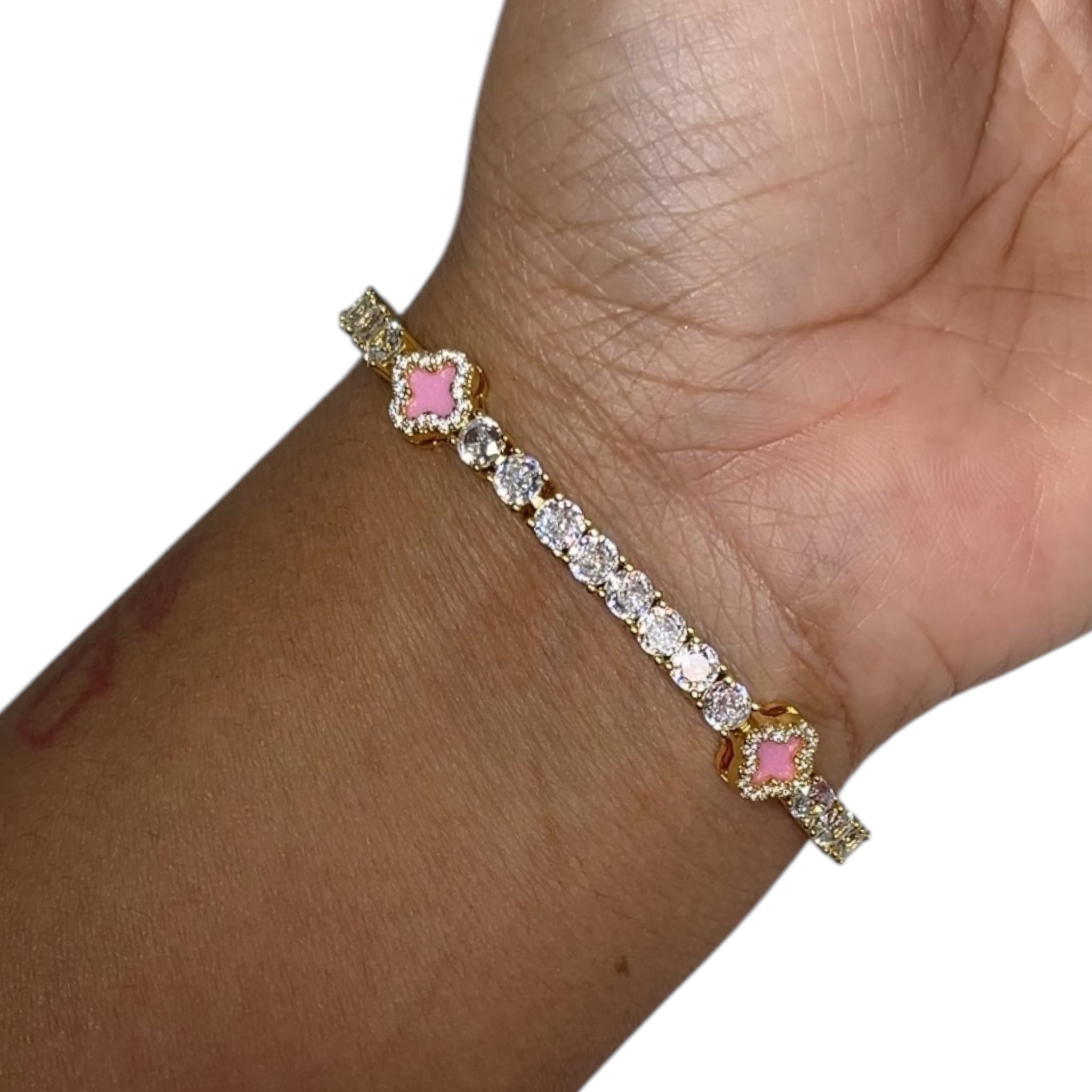 Sparkling Pink Clover Tennis Bracelet (Gold)